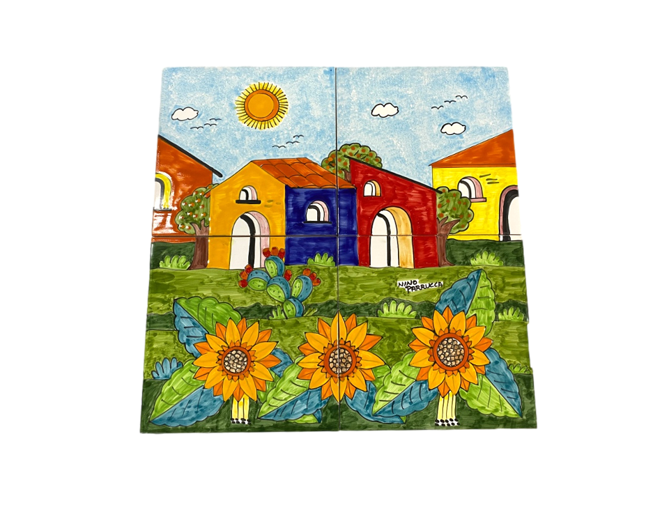 Pannello da 4 piastrelle in ceramica - Paesaggio di casette con girasoli Nino Parrucca