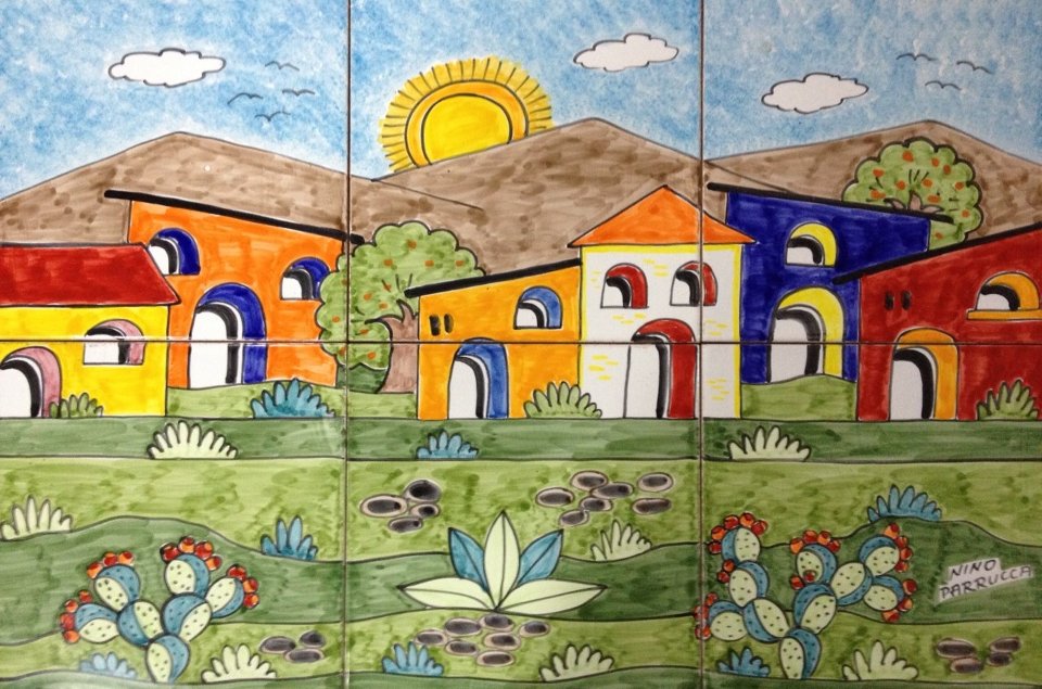 Pannello in ceramica da 6 piastrelle - paesaggio di casette con pale di fichi d'india Nino Parrucca