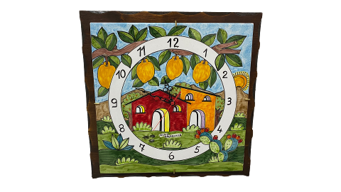 Piastra ad Orologio con base in legno  decoro casette con ramo limoni Nino Parrucca