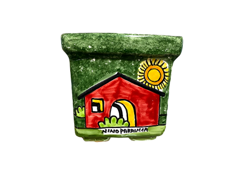 Cassetta Porta piante quadrata deocoro: paesaggio di casette fondo verde Nino Parrucca
