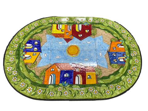 Tavolo cm.120x80 e/o Sedie  Paesaggio di casette con margherite NINO PARRUCCA