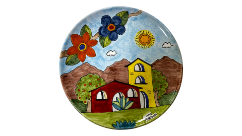 Piatto Artistico rotondo Paesaggio di casette con ramo di fiori nel cielo Nino Parrucca