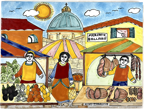 Piastrella in ceramica decoro: Mercato di Ballarò Nino Parrucca Rettangolare