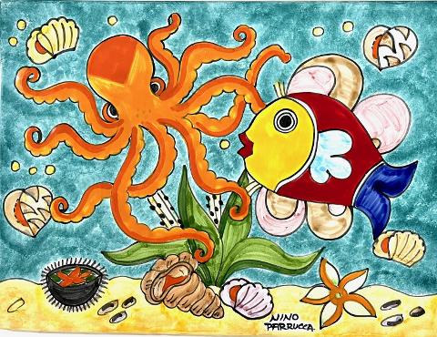 Copia di Piastrella in ceramica decoro Fondale marino tropicale Nino Parrucca Rettangolare verde acquamarina con Sabbia