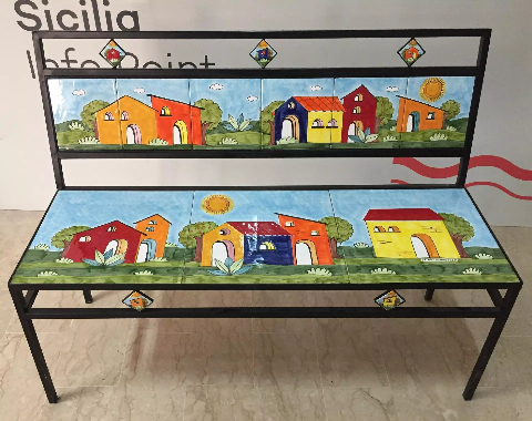 Panchina 3 Posti - vari decori Nino Parrucca in ferro e ceramica