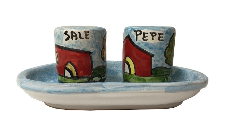 Sale e pepe cilindrico con vassoio - Paesaggio di casette Nino Parrucca in ceramica