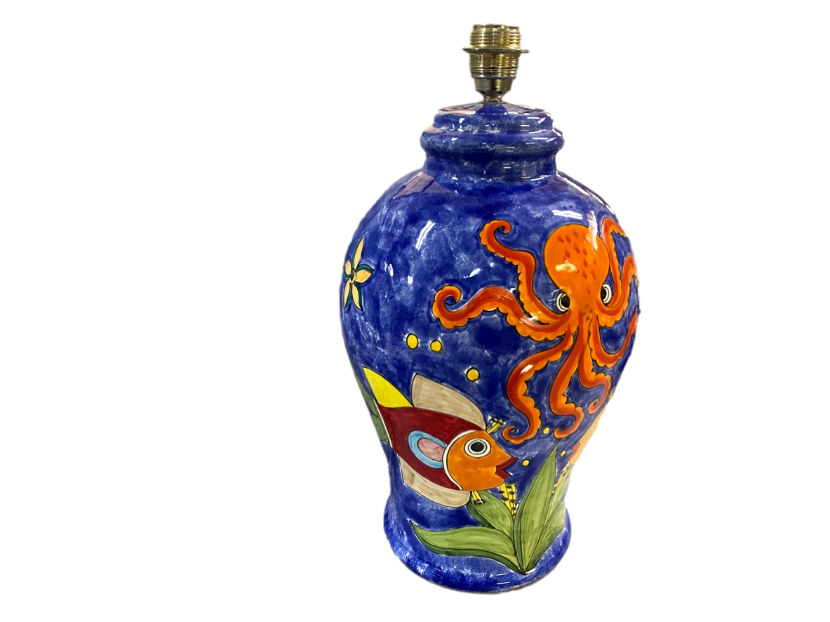 Lume decoro Pesci e Polpo Blue smalto Nino Parrucca in ceramica