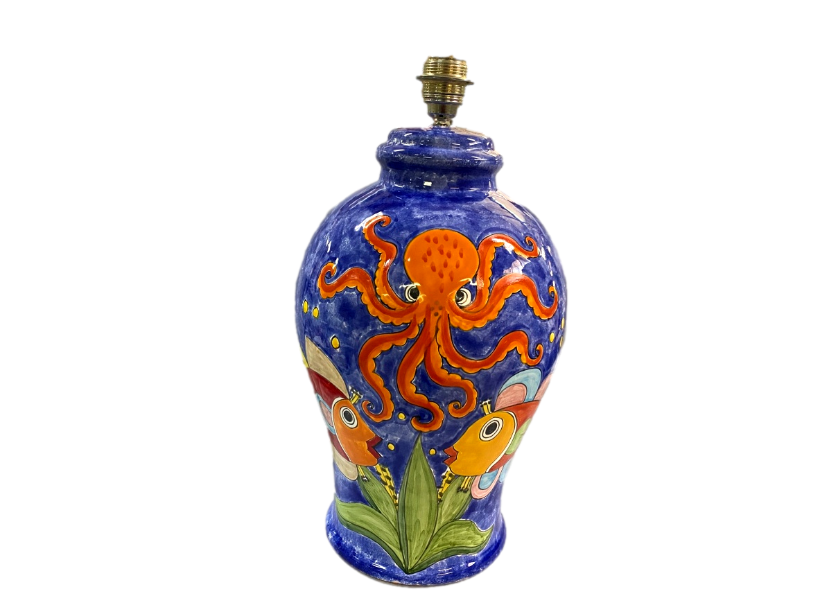 Lume decoro Pesci e Polpo Blue smalto Nino Parrucca in ceramica