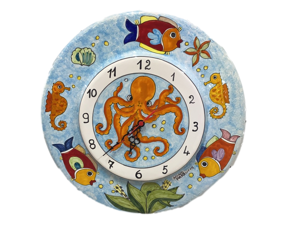 Orologio a cappello d.cm.44 fondale marino celeste in ceramica Nino Parrucca