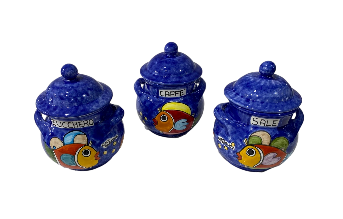 Barattolo pentolino in ceramica pesci blu in 2 misure Nino Parrucca