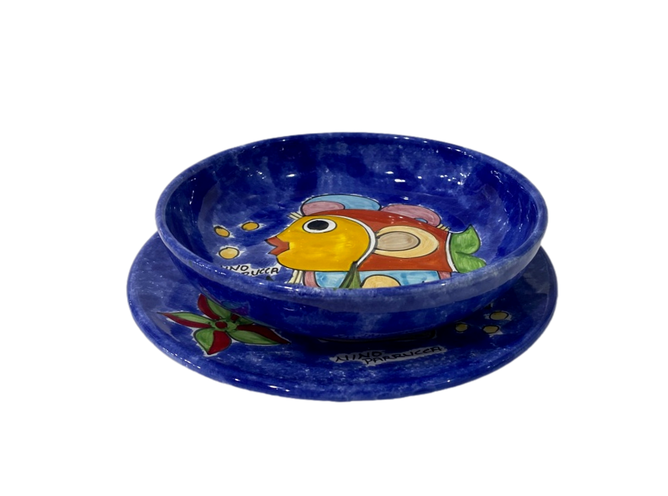 Set Posto Tavola 146B + 147 Pesci su fondo blue smalto Nino Parrucca