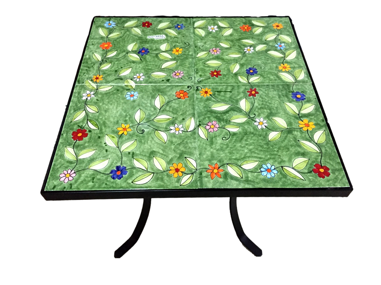 Tavolo quadrato - Fiori rampicanti fondo verde Nino Parrucca in ferro e ceramica