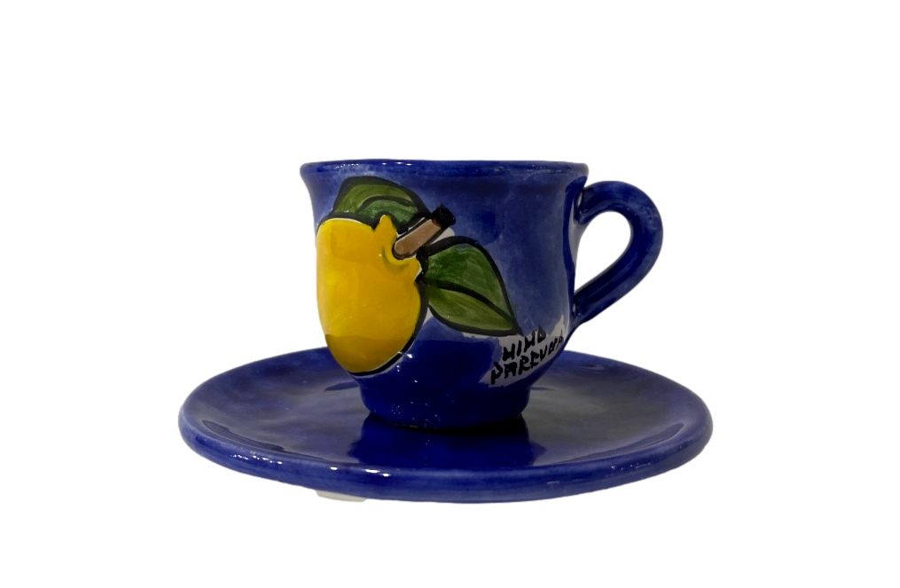 Tazzina da caffè con piattino decoro Limoni fondo blu elettrico Nino Parrucca