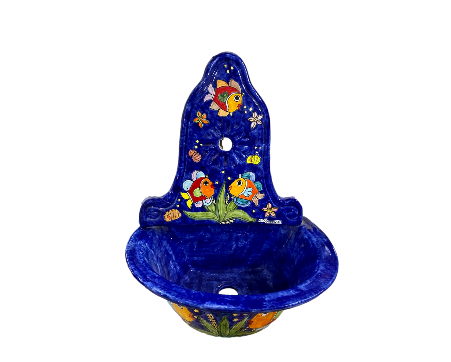 Lavabo con parete Pesci fondo blu elettrico Nino Parrucca in ceramica