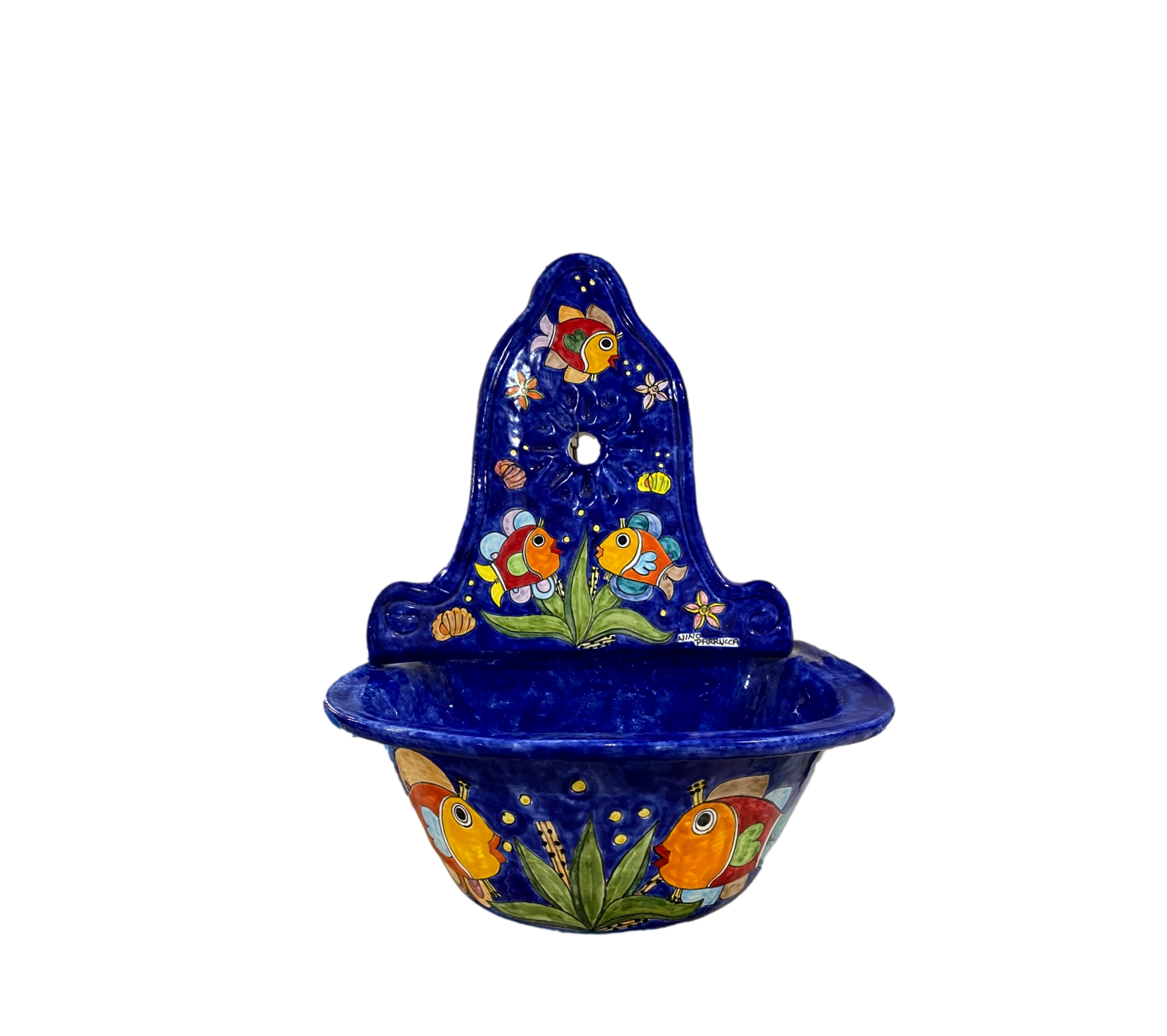 Lavabo con parete Pesci fondo blu elettrico Nino Parrucca in ceramica