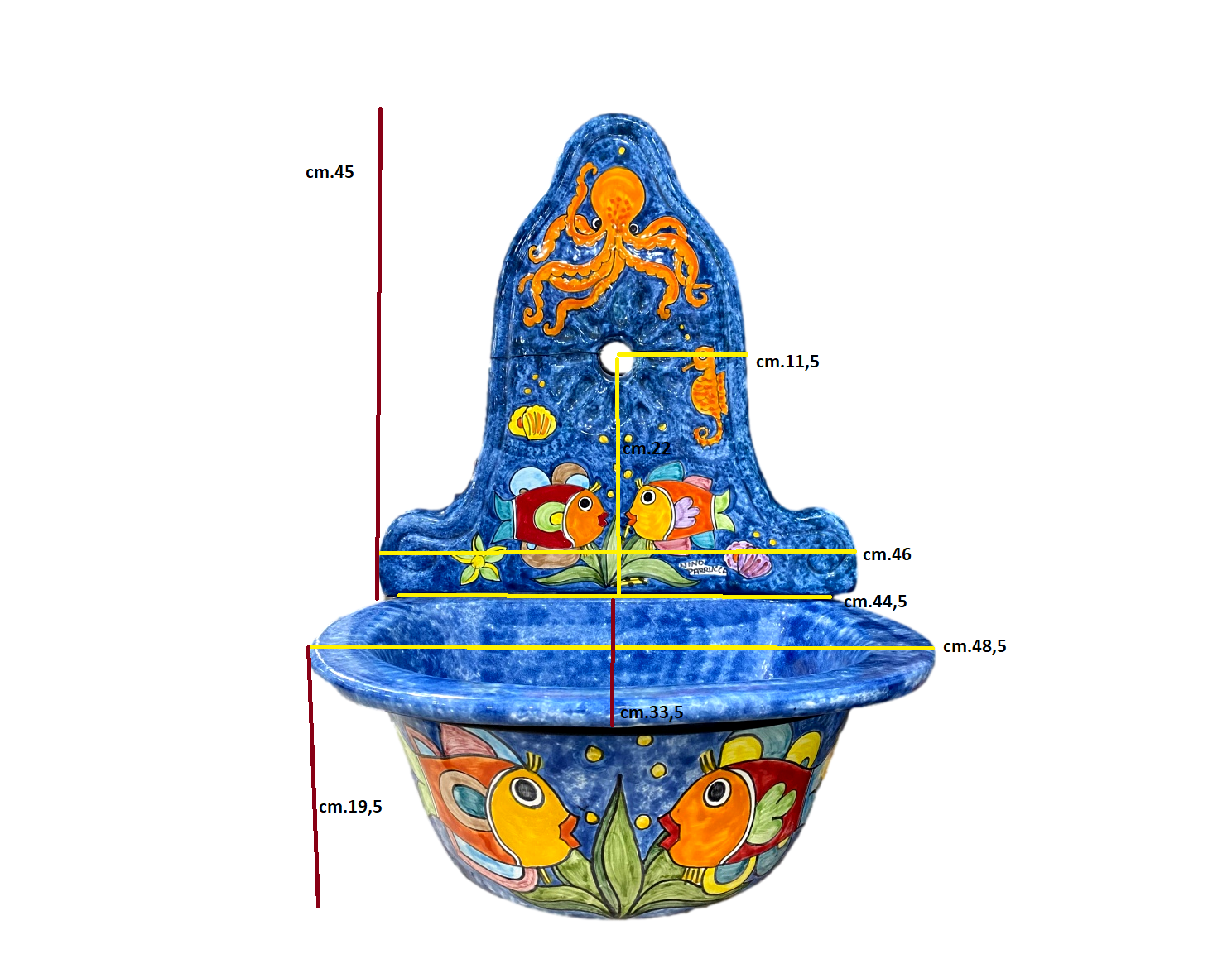 Lavabo con parete Pesci fondo blu elettrico Nino Parrucca in ceramica