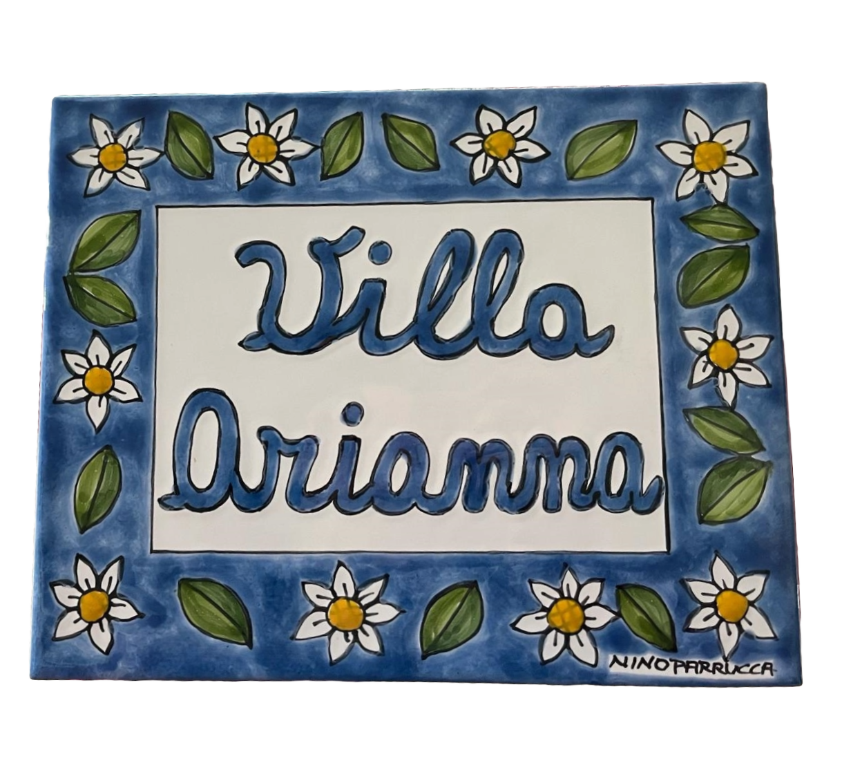 Piastrella personalizzata Margherite fondo azzurro in ceramica Nino Parrucca