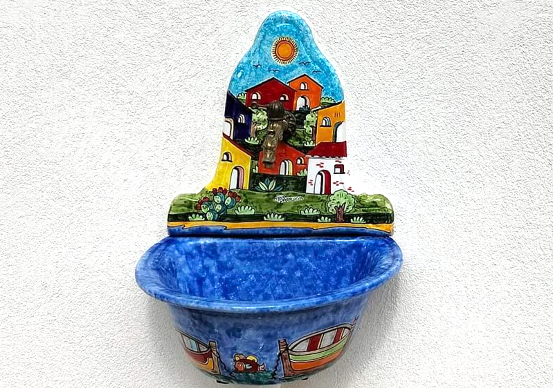 Lavabo con parete - paesaggio di casette con mare v.azzurro Nino Parrucca in ceramica