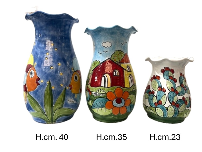 Fioriera alta smerlata decoro pesci in ceramica Nino Parrucca