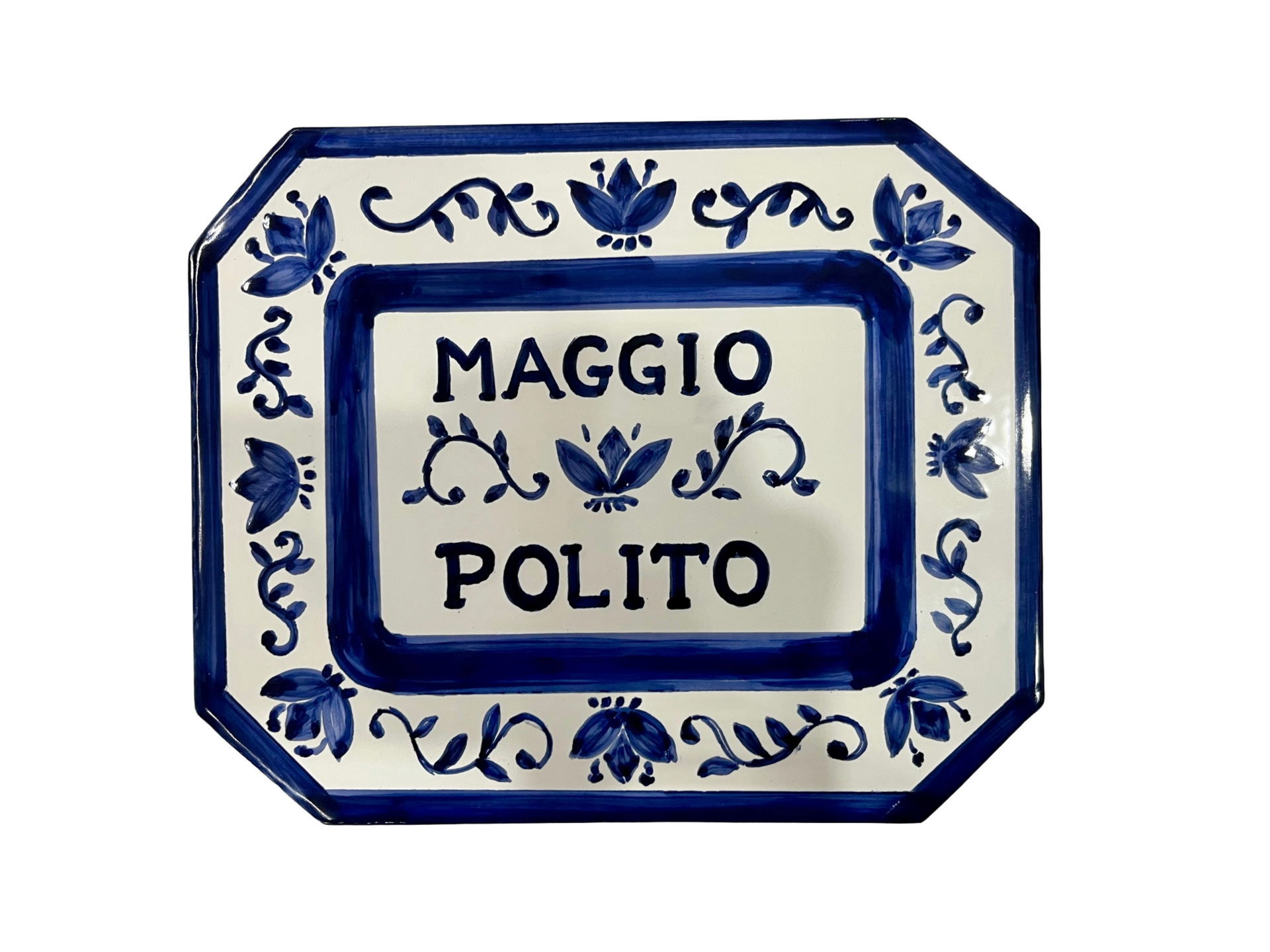 Piastrella cognomi ottogonale - stile antico fiori blu Nino Parrucca in ceramica