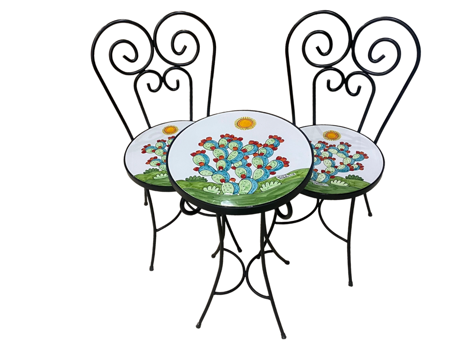 ST3 - Set tavolo e sedie - Pale di fichi d'india fondo bianco Nino Parrucca in ferro e ceramica