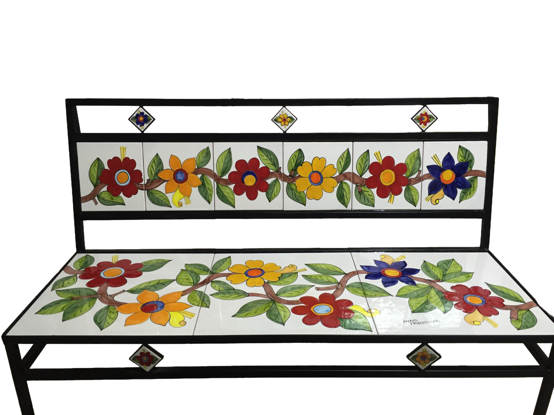 Panchina 3 Posti - Fiori grandi fondo bianco Nino Parrucca in ferro e ceramica