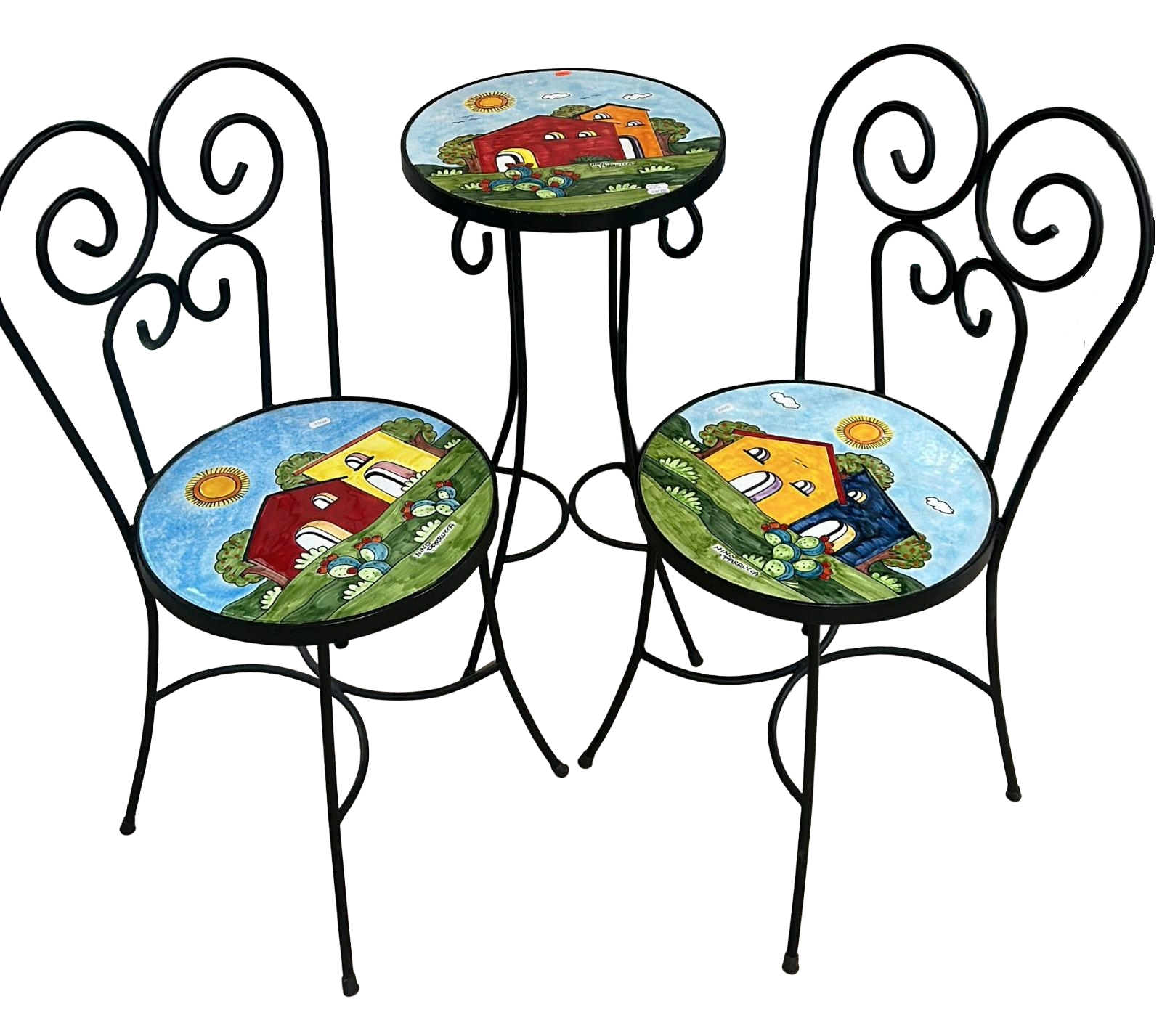 Set3 - Set tavolo tondo e sedie - Casette con pale di fichi d'india Nino Parrucca in ferro e ceramica