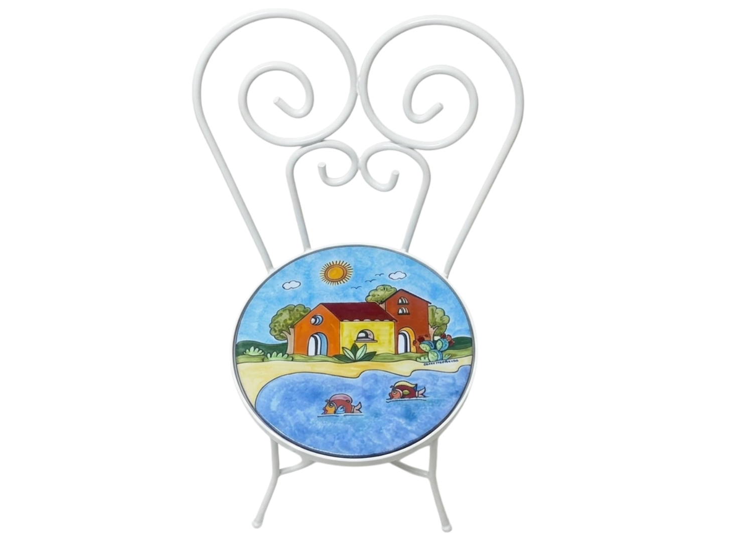 Sedia Rotonda d.cm.39 - Casette con mare azzurro, pale di fichi e pesci Nino Parrucca in ferro e ceramica