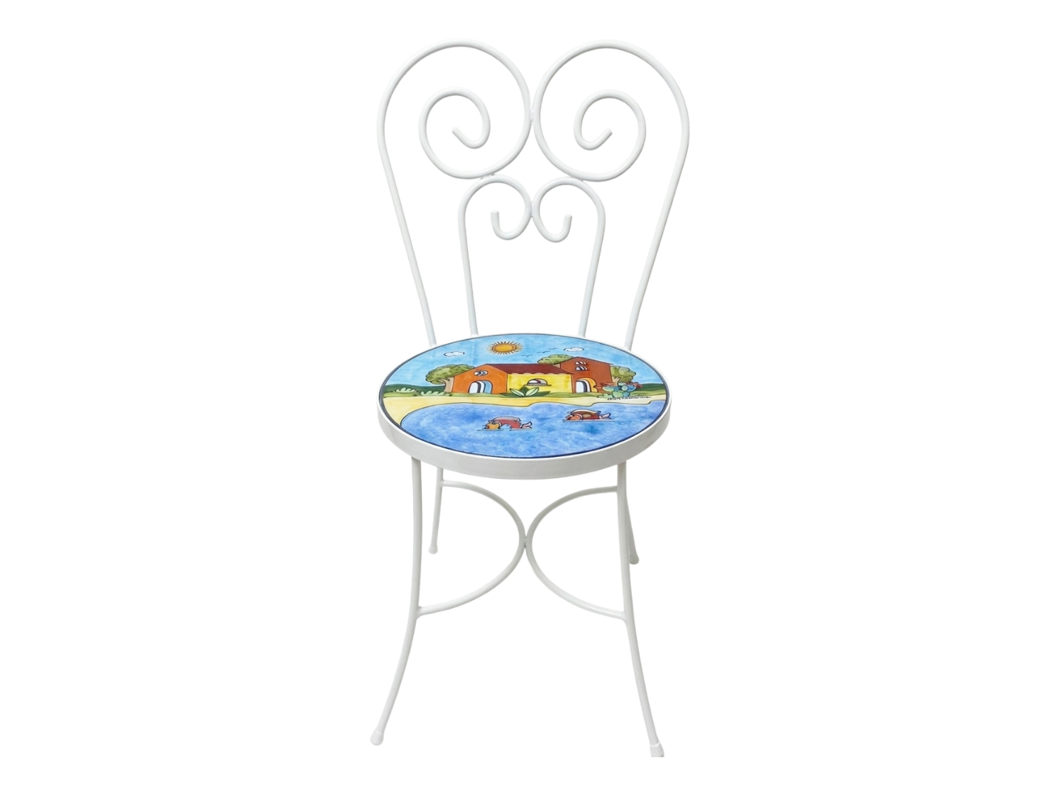 Sedia Rotonda d.cm.39 - Casette con mare azzurro, pale di fichi e pesci Nino Parrucca in ferro e ceramica