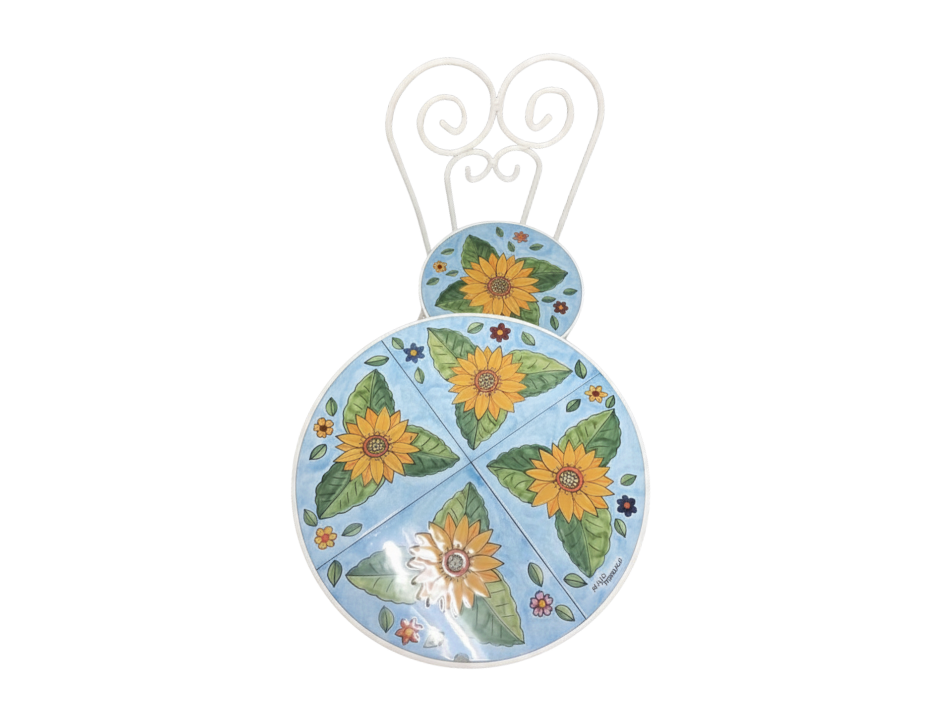 Sedia Rotonda D. 39 cm - Girasoli fondo celeste - bianco o nero Nino Parrucca in ferro e ceramica