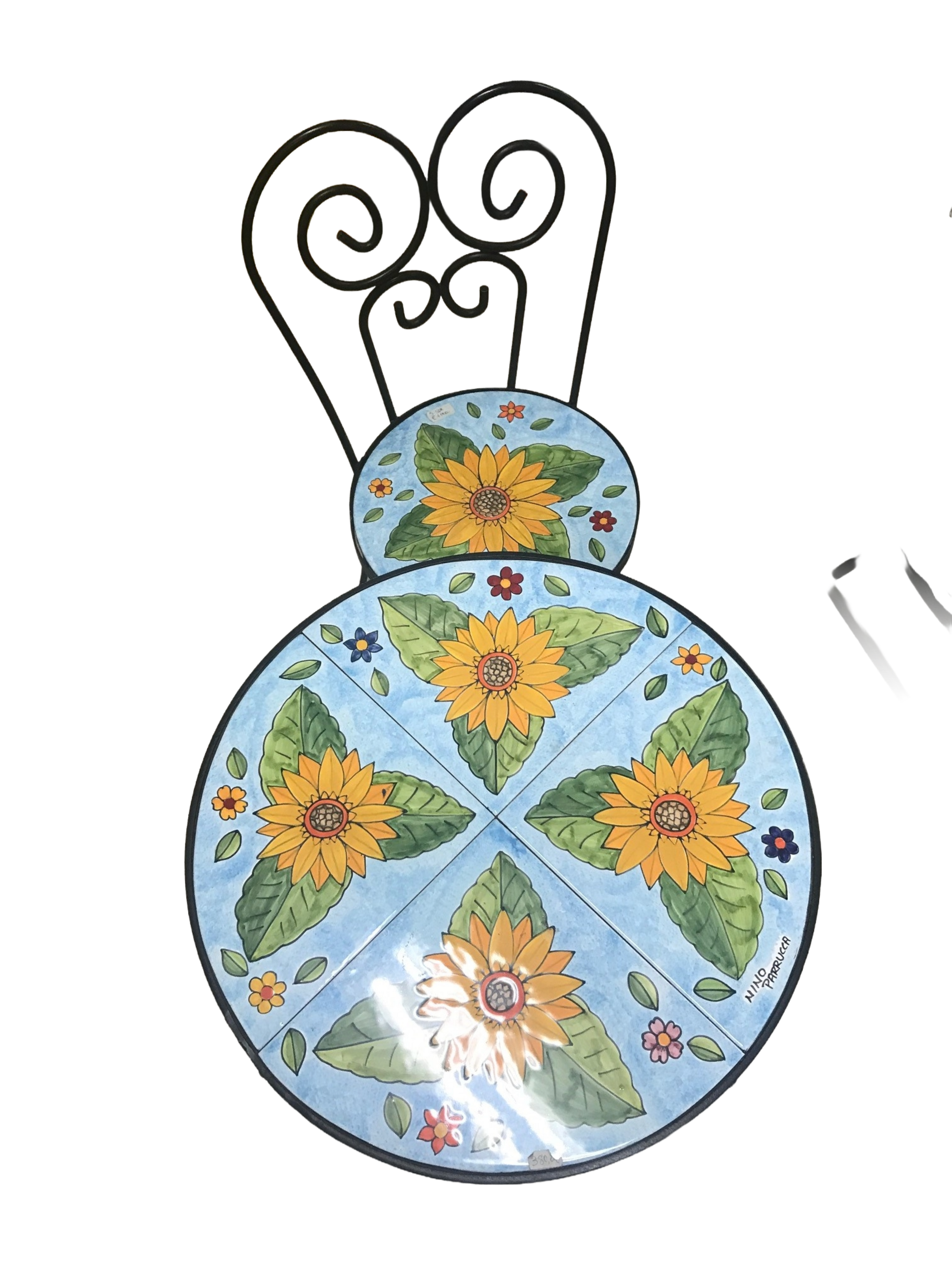 Set tavolo e 2 sedie - Girasoli fondo celeste Nino Parrucca in ferro e ceramica