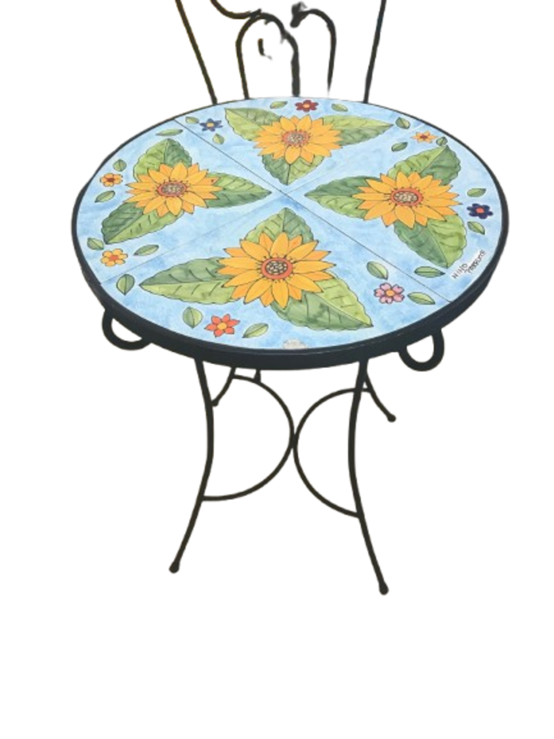 Set tavolo e 2 sedie - Girasoli fondo celeste Nino Parrucca in ferro e ceramica