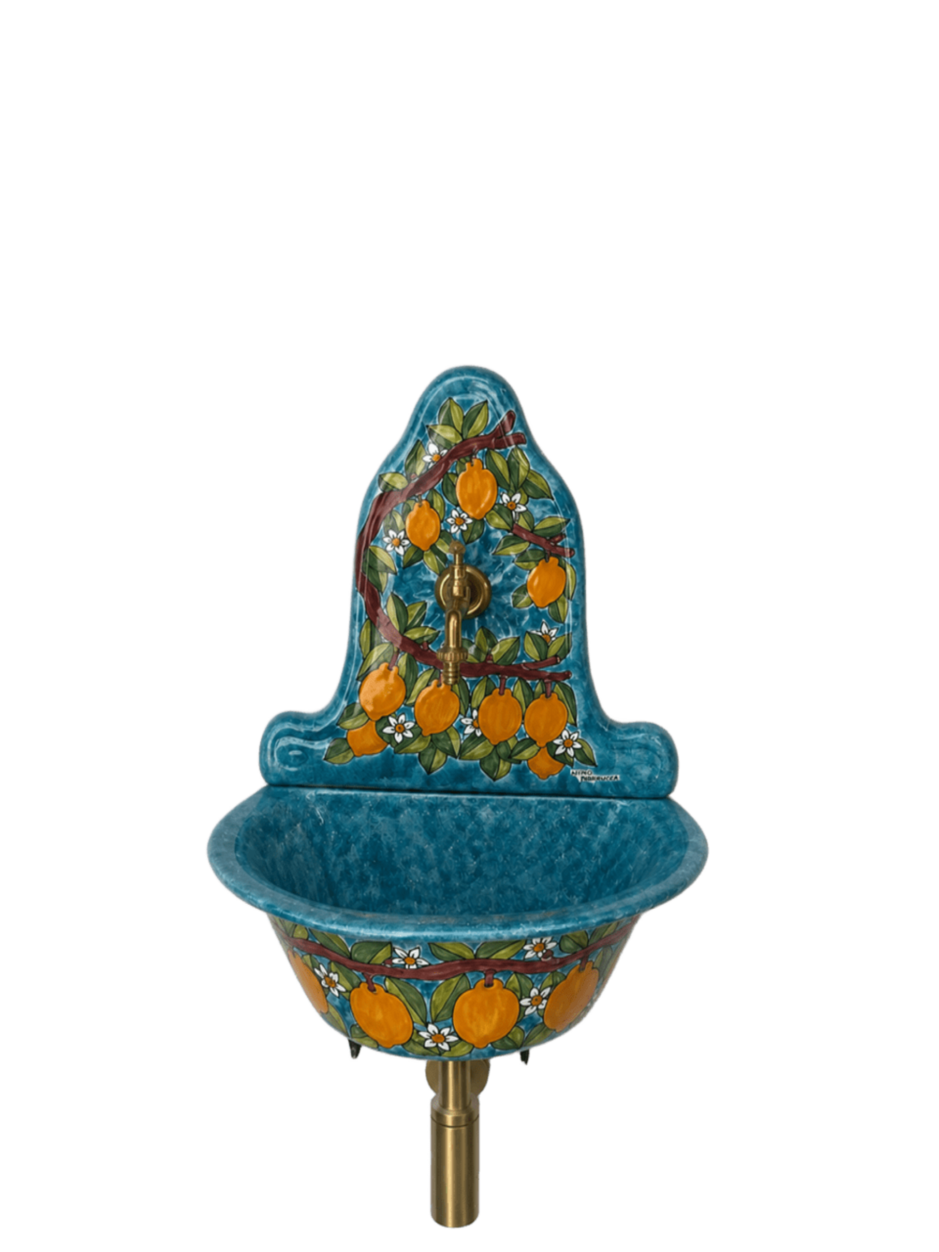 Lavabo con parete - Limoni fondo verde smeraldo Nino Parrucca in ceramica
