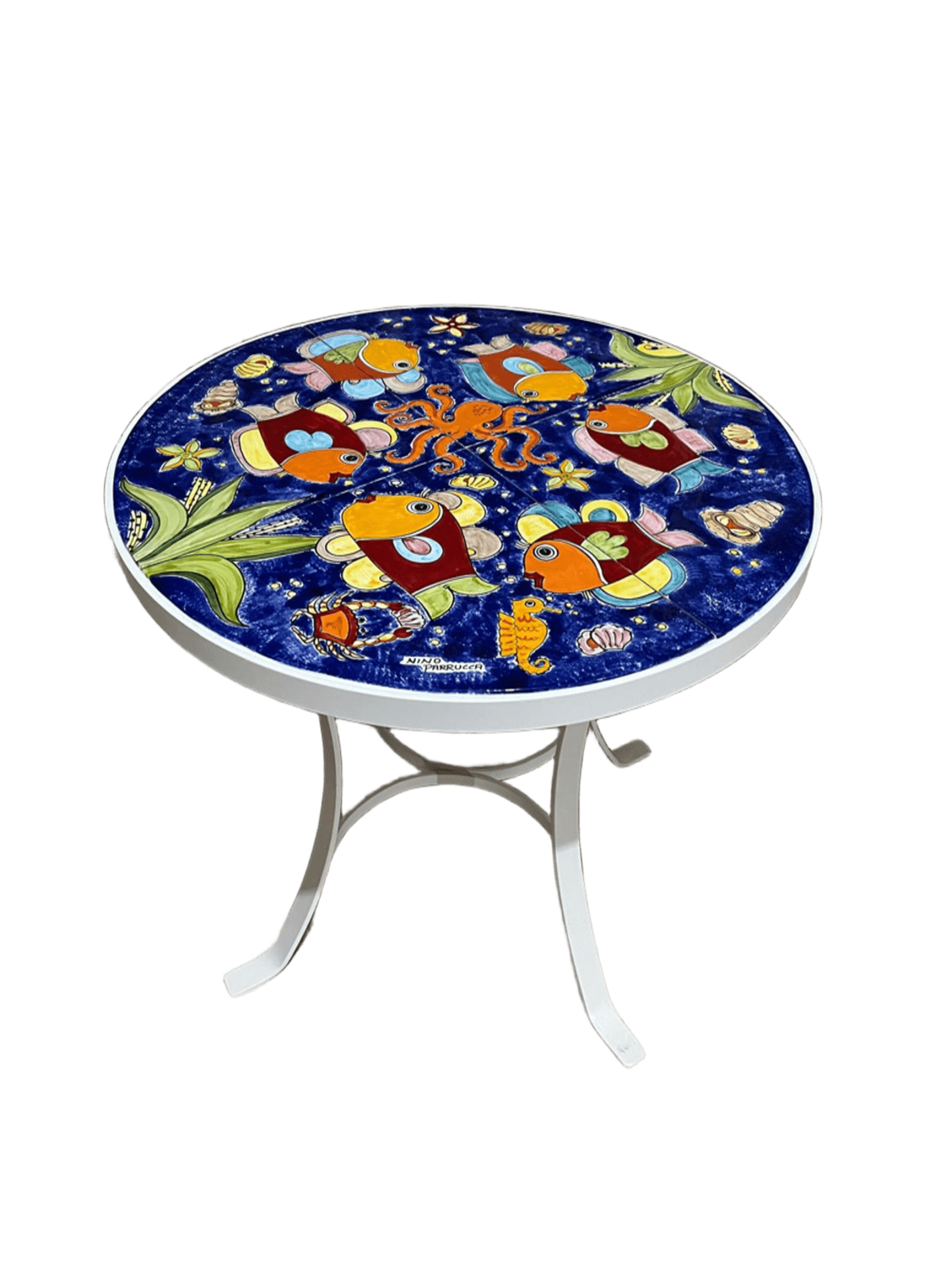 Tavolo tondo D.Cm.70 O D.Cm.80 - Fondale Marino blue smalto Nino Parrucca in ferro e ceramica