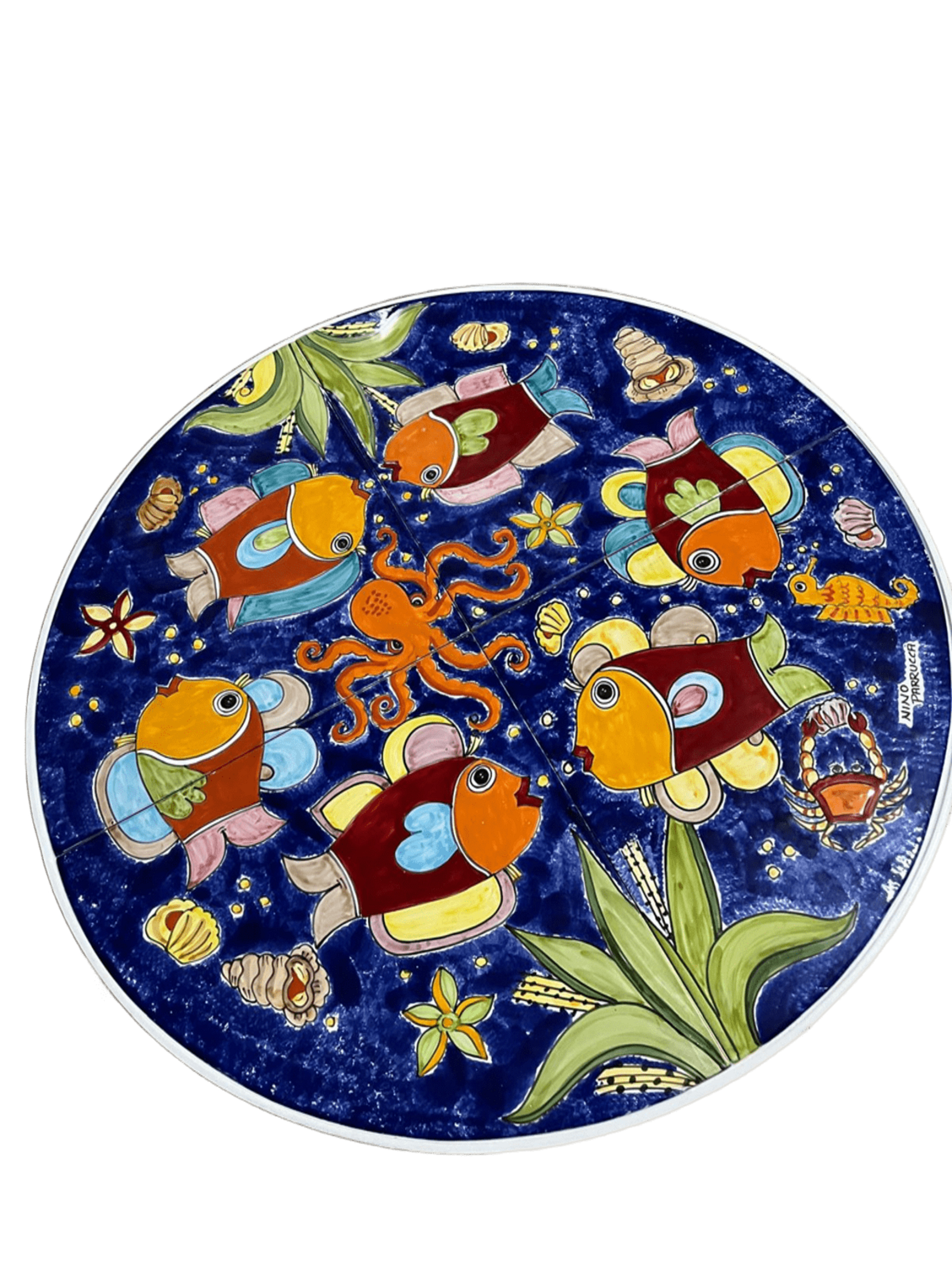 Tavolo tondo D.Cm.70 O D.Cm.80 - Fondale Marino blue smalto Nino Parrucca in ferro e ceramica