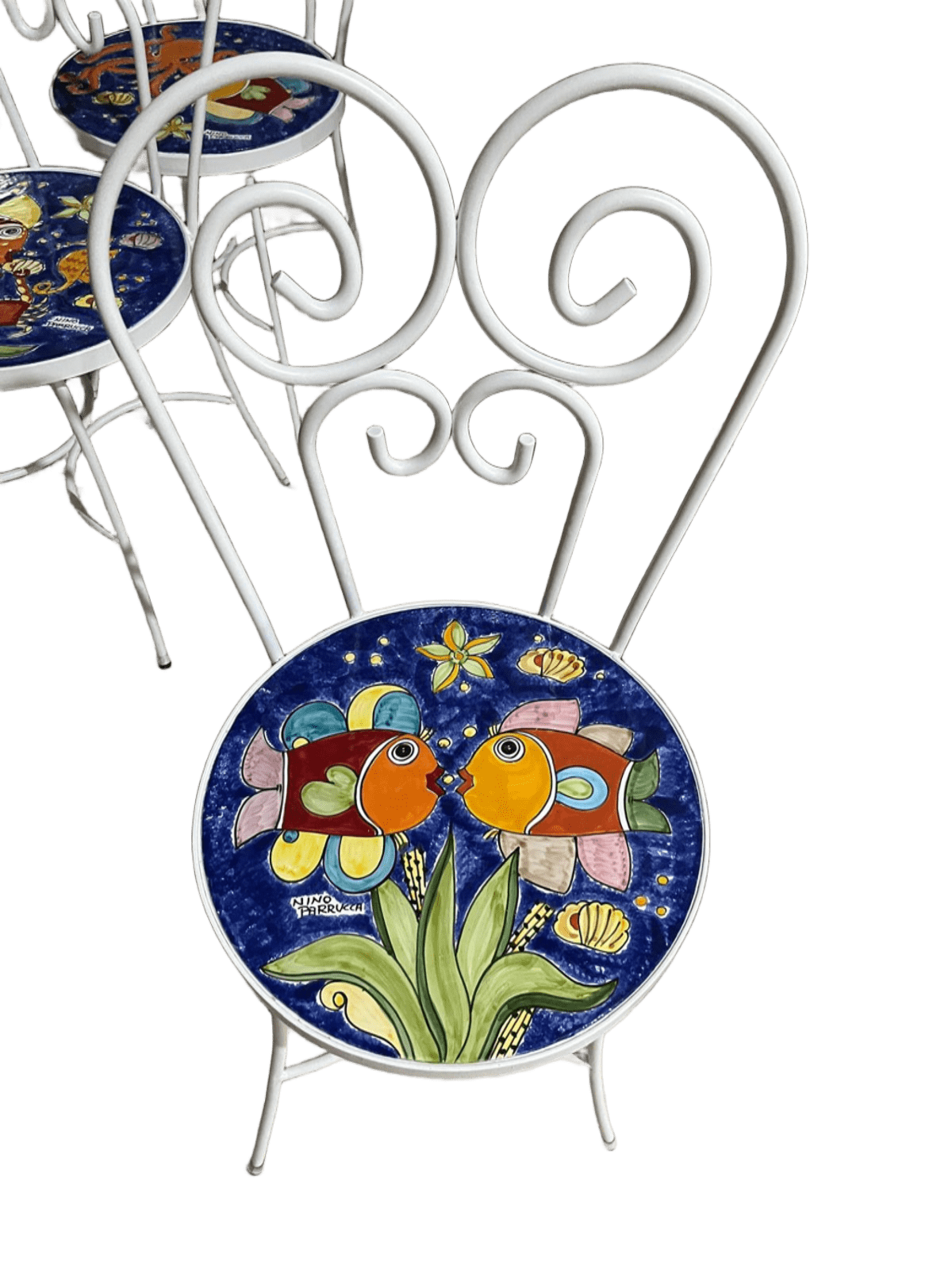 Sedia Rotonda bianca - Fondale marino blu Nino Parrucca in ferro e ceramica