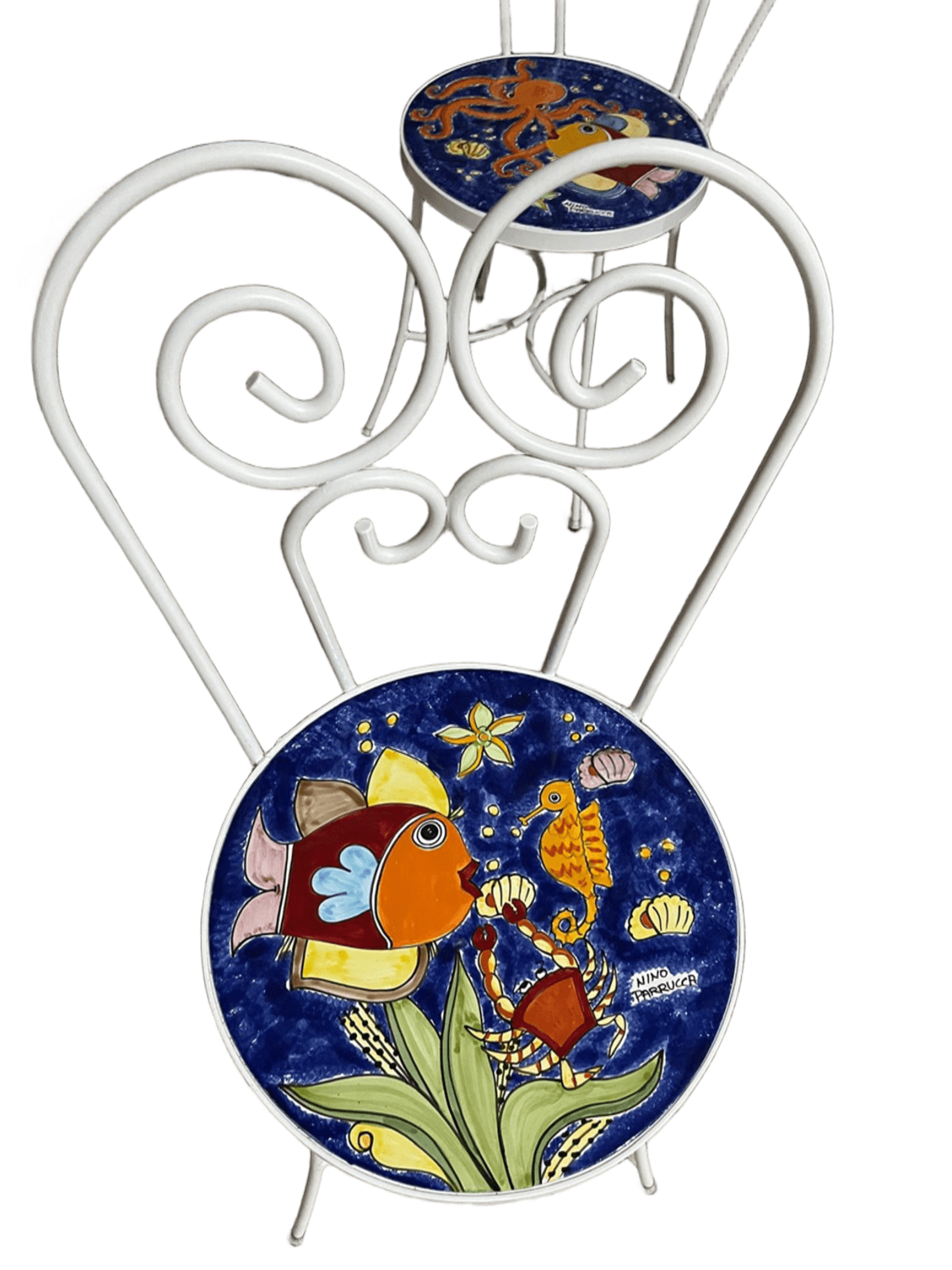 Sedia Rotonda bianca - Fondale marino blu Nino Parrucca in ferro e ceramica