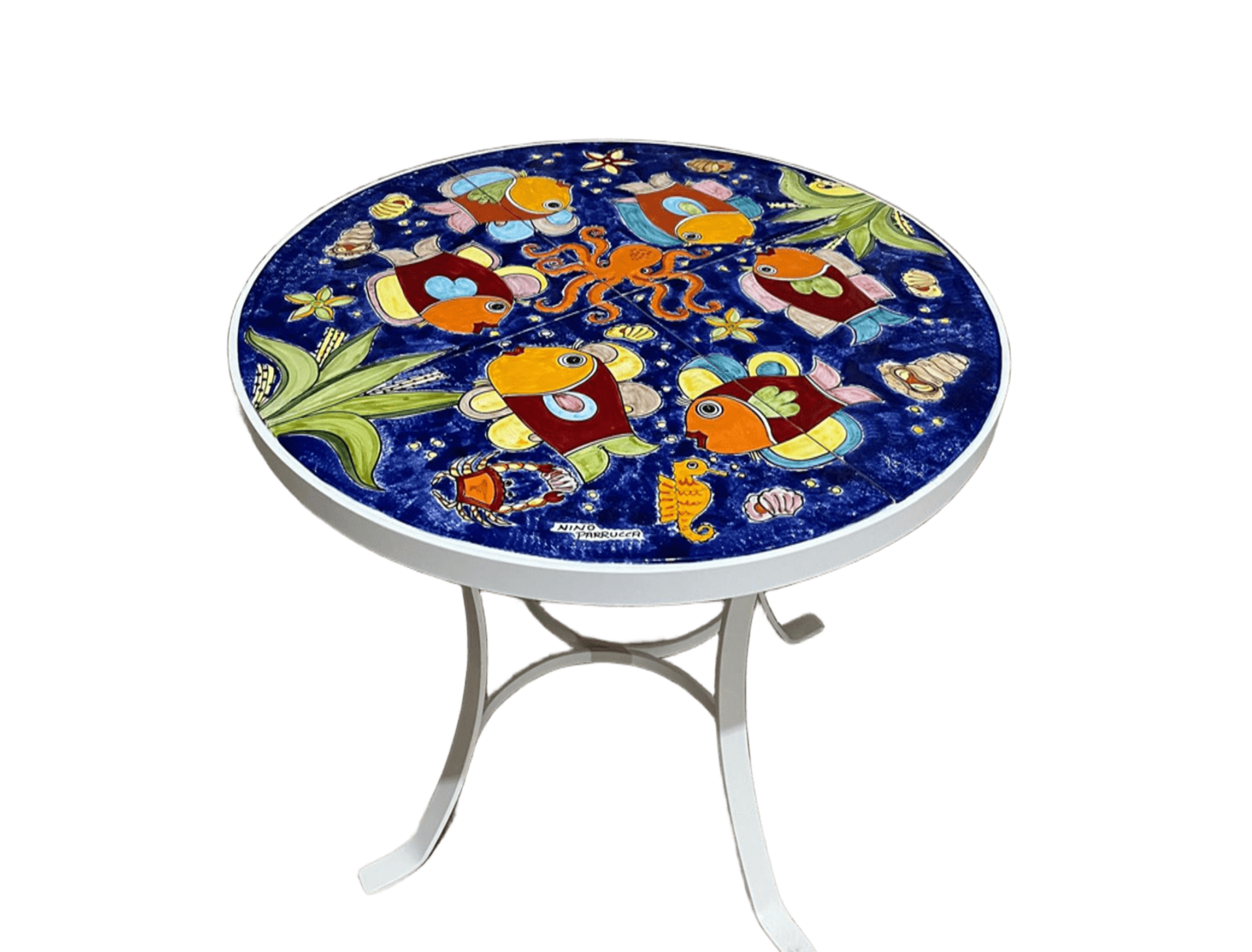 Tavolo tondo D.Cm.70 O D.Cm.80 - Fondale Marino blue smalto Nino Parrucca in ferro e ceramica
