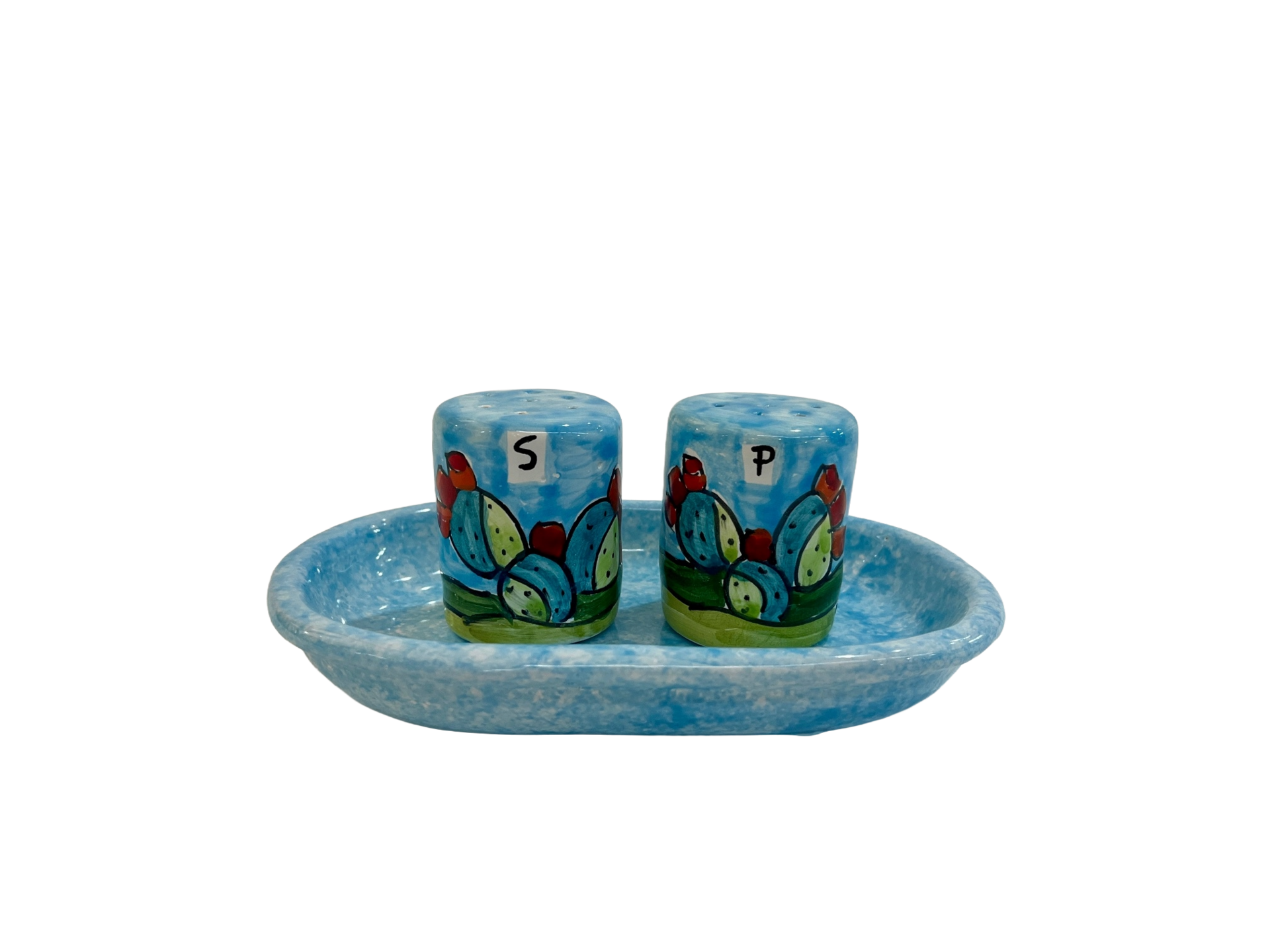 Sale e pepe cilindrico con vassoio - Pale di fichi d'india Nino Parrucca in ceramica