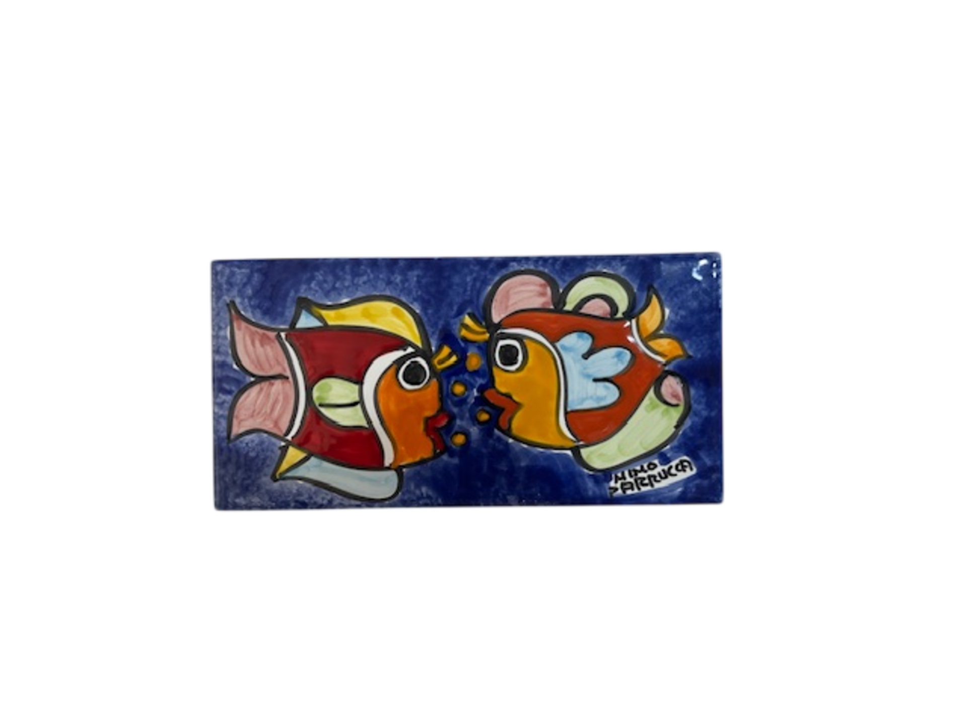 Piastrella in ceramica decoro pesci sfondo blu smalto Rettangolare - Cod. 58 Nino Parrucca