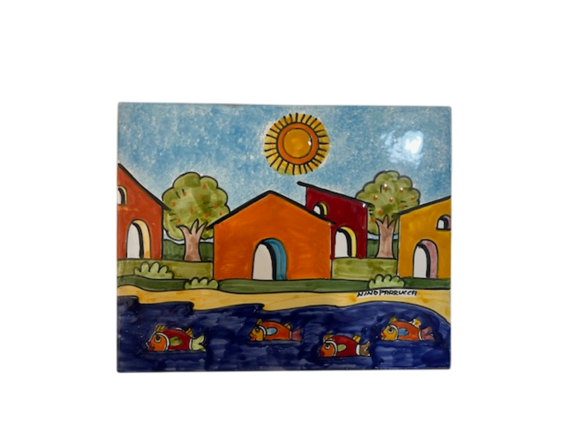 Piastrella in ceramica decoro casette - Cod. 58 Nino Parrucca