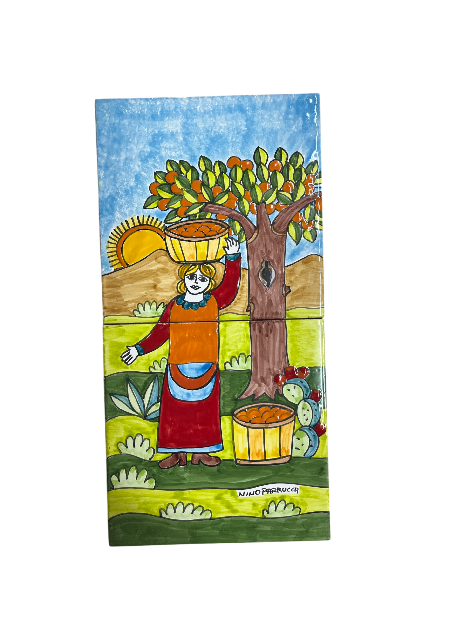 Pannello da 2 piastrelle in ceramica Decoro raccolta di arance con personaggi Nino Parrucca