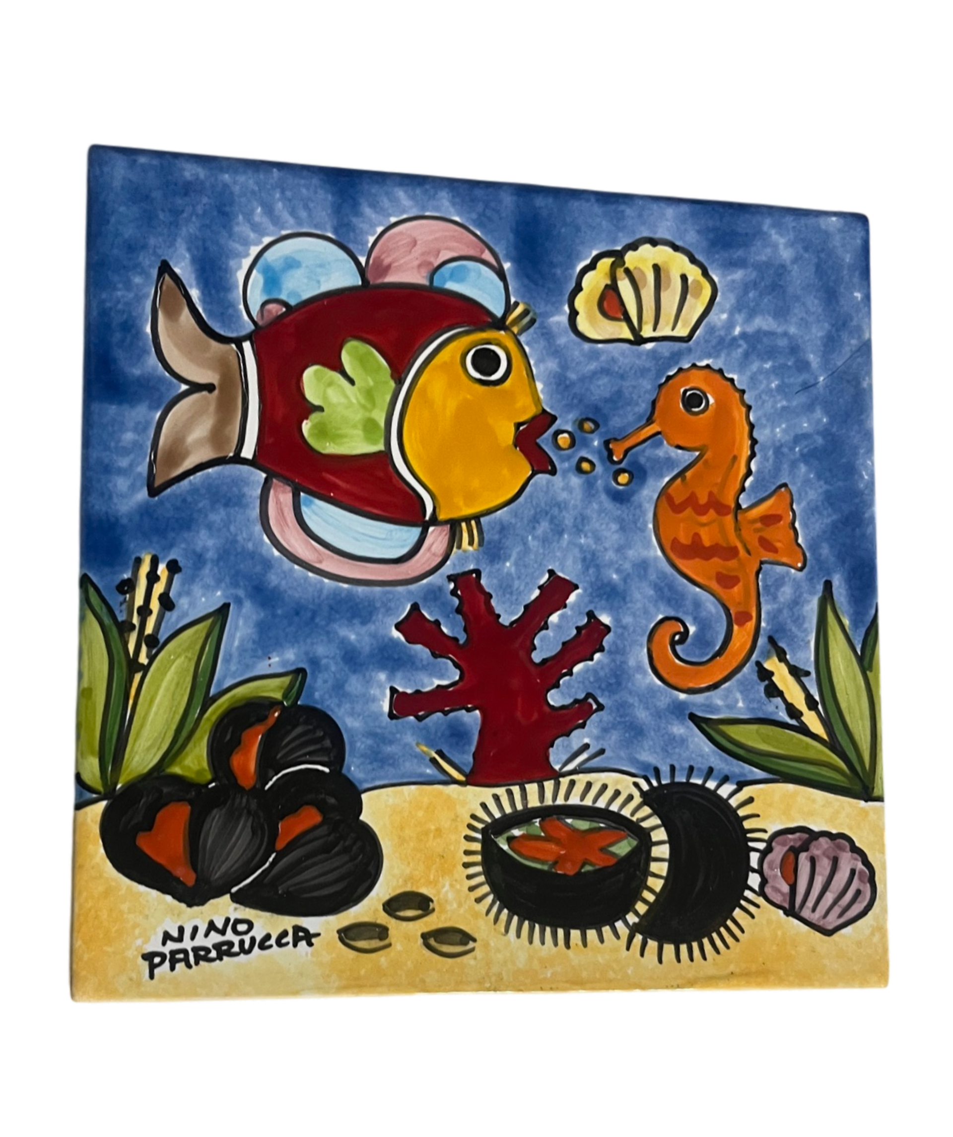 Piastrella in ceramica decoro ricci di mare e pesci fondo azzurro Quadrata - Cod. 48 Nino Parrucca