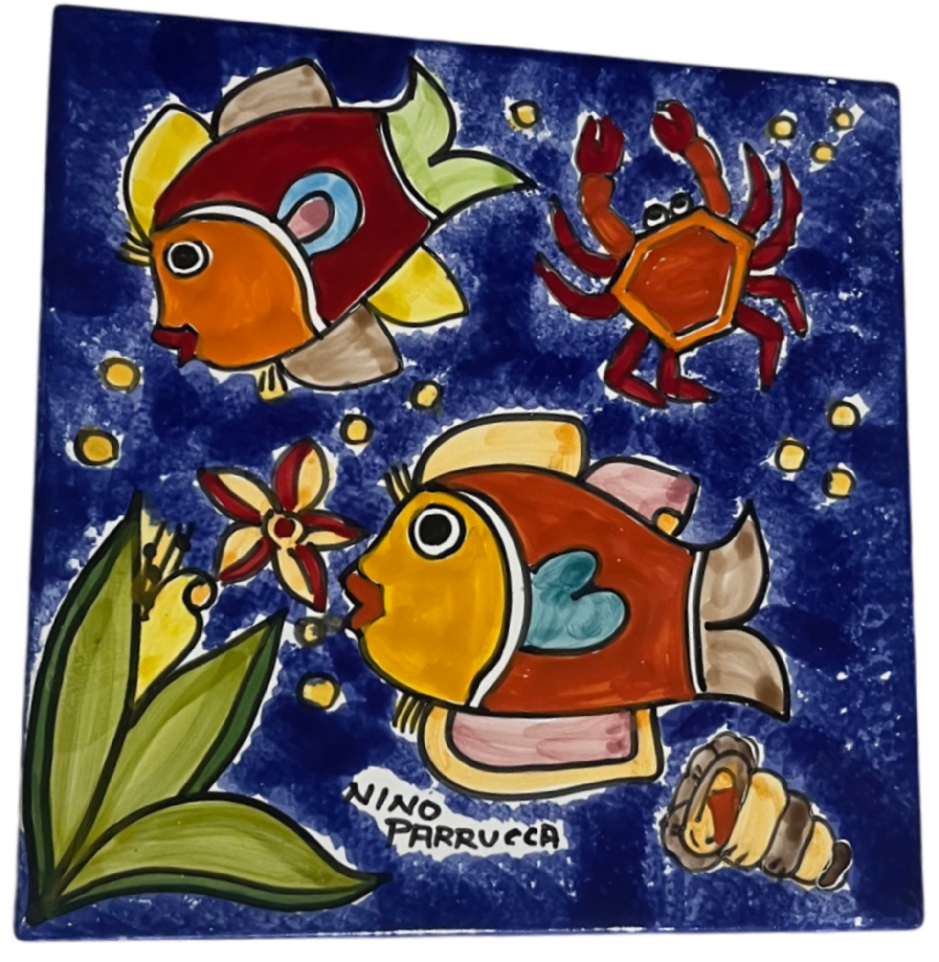 Piastrella in ceramica decoro pesci e granchio fondo blu Quadrata - Cod. 48 Nino Parrucca