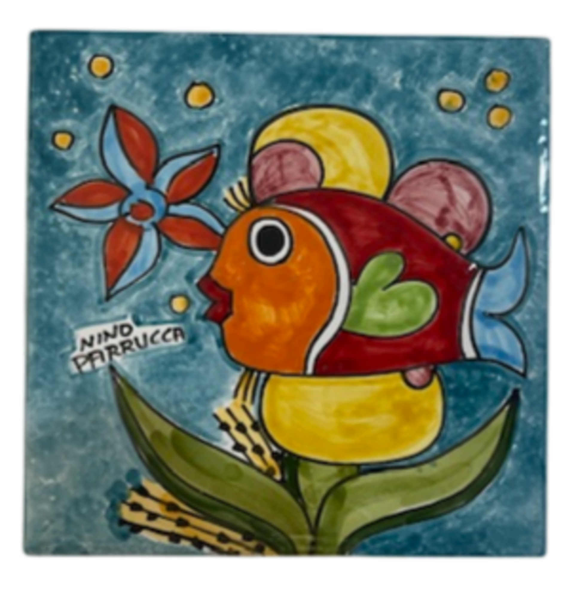 Piastrella in ceramica decoro pesce fondo verde smeraldo Quadrata - Cod. 48 Nino Parrucca