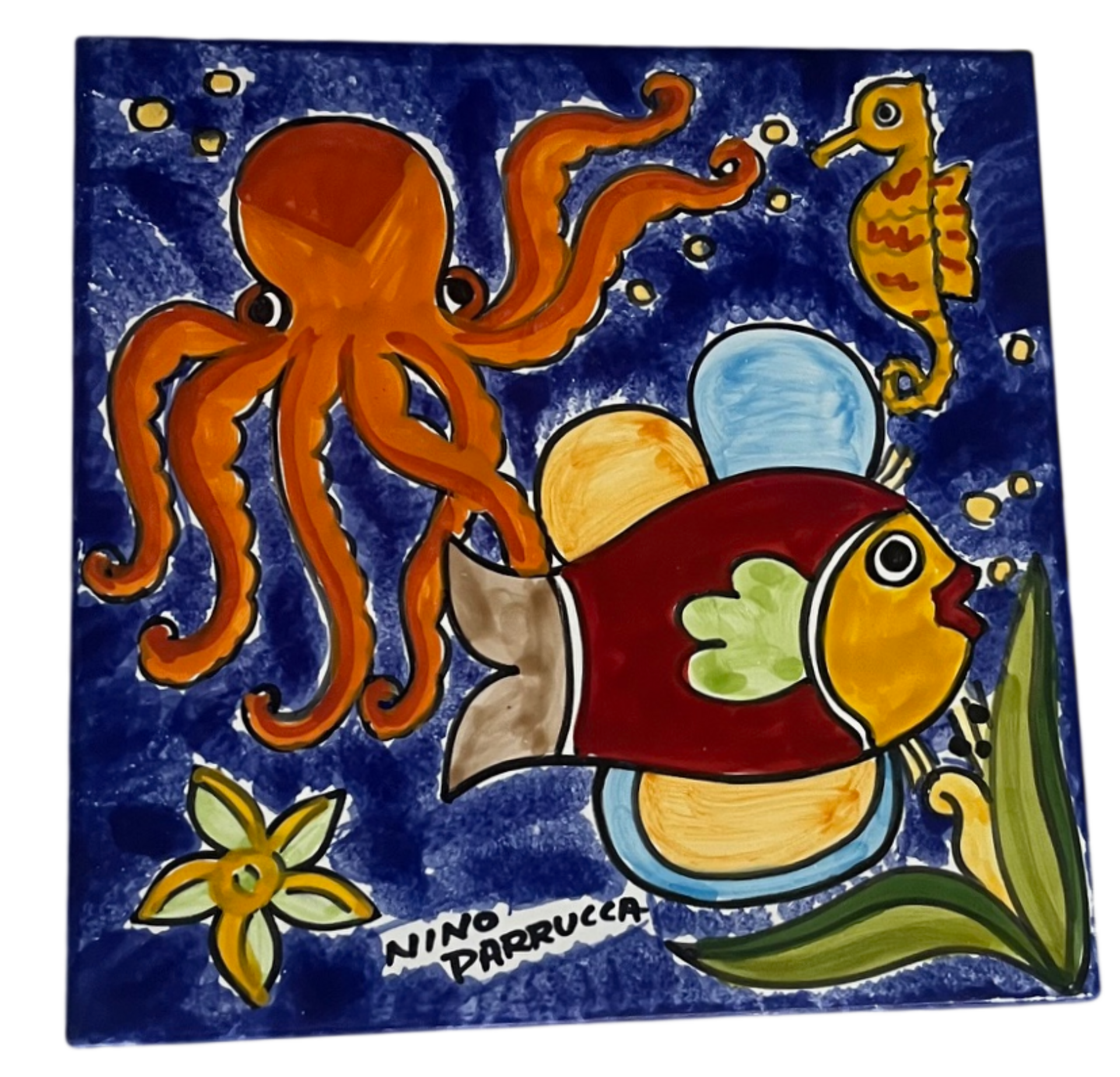 Piastrella in ceramica decoro polpo e pesci fondo blu Quadrata - Cod. 48 Nino Parrucca