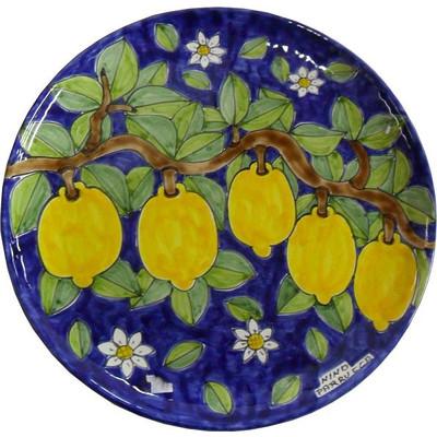 Piatto Artistico Rotondo ramo di limoni fondo blu Nino Parrucca