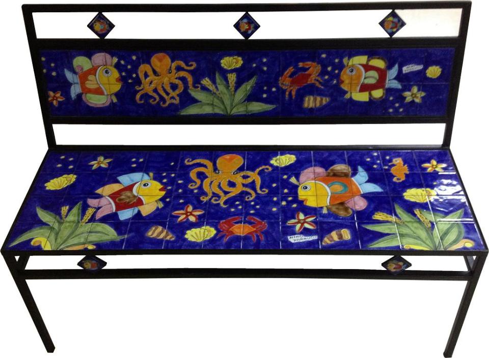 Panchina 3 Posti - Polpo e pesci mare blu Nino Parrucca in ferro e ceramica