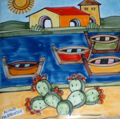 Piastrella in ceramica decoro casette con mare e barche Quadrata - Cod. 15 Nino Parrucca