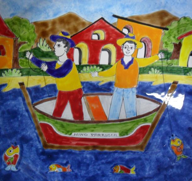 Piastrella in ceramica decoro pesca Quadrata - Cod. 17 Nino Parrucca
